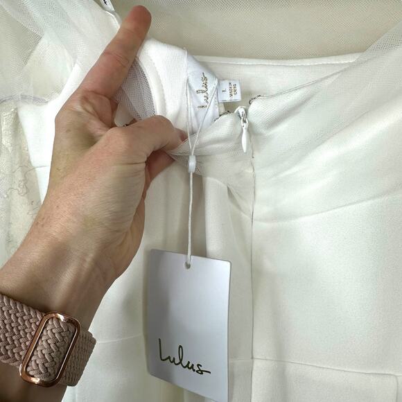 Lulus Bridal NWT Beautifully Beloved White Mesh Off-the-Shoulder Gown Maxi Dress - Picture 9 of 10